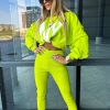 Odziez Damska Limonka | Komplet Bawelniany Leginsy Prazek I Bluza Limonkowy Neon Farela 6