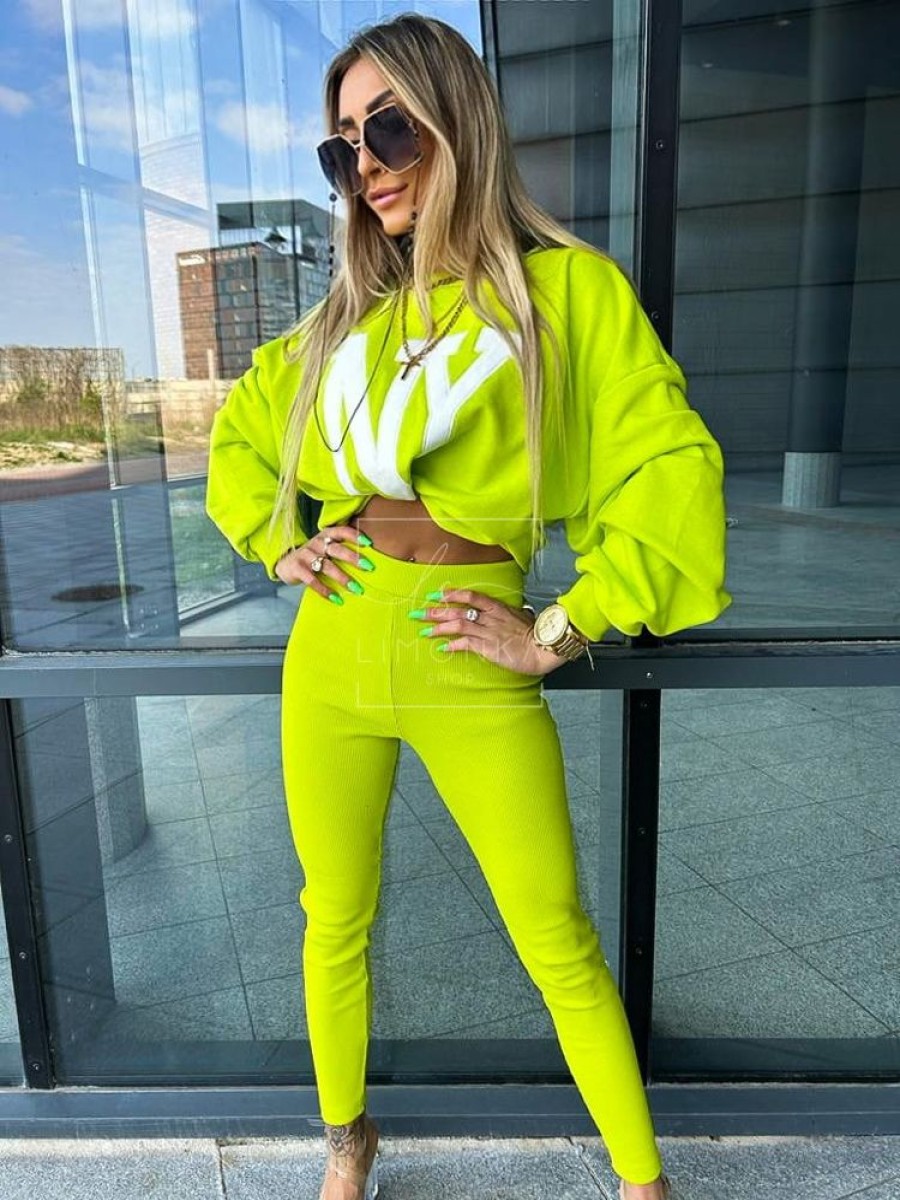 Odziez Damska Limonka | Komplet Bawelniany Leginsy Prazek I Bluza Limonkowy Neon Farela 6