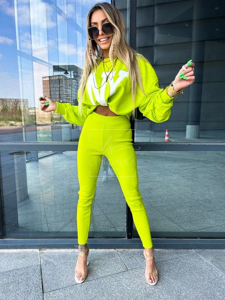 Odziez Damska Limonka | Komplet Bawelniany Leginsy Prazek I Bluza Limonkowy Neon Farela 6